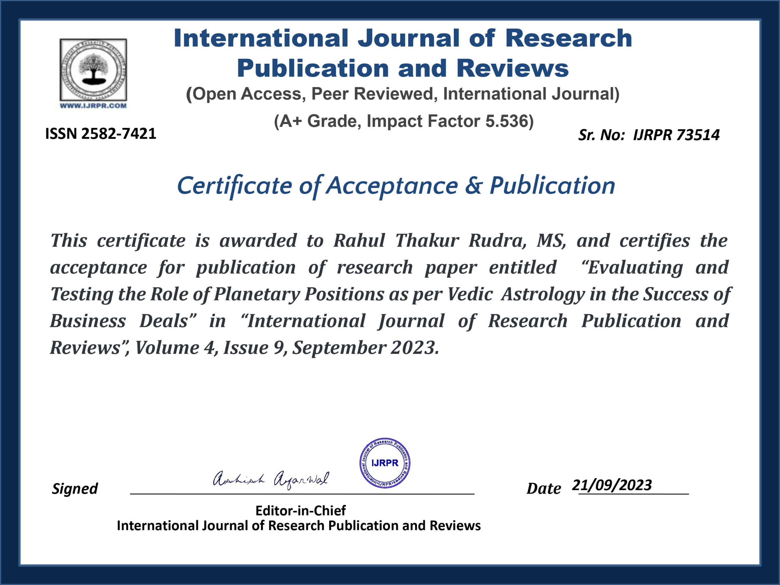 Rahul Thakur Rudra, MS Certificate for Paper Publication IJRPR